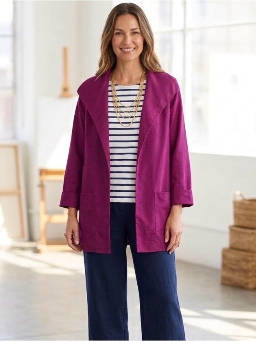 Eileen Fisher Cotton Twill Relaxed Cargo Blazer XL Coastal Nautical Jacket